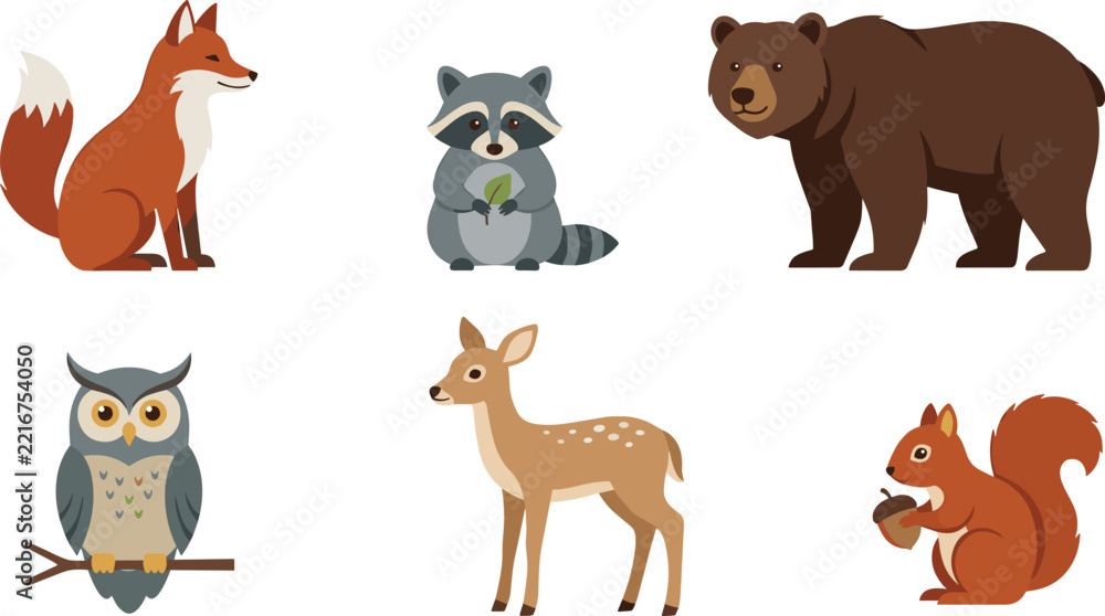 Fototapeta premium Cute Woodland Forest Animal Collection Vector Set Featuring Fox, Bear, Raccoon, Owl, Deer, and Squirrel for Kids, Education, and Nature Designs