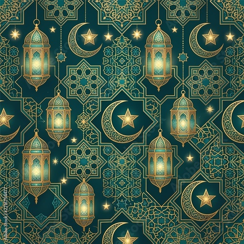 Seamless Ramadan pattern with lanterns, crescent moons and stars
