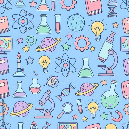 Seamless STEM pattern with atoms, beakers, gears and planets