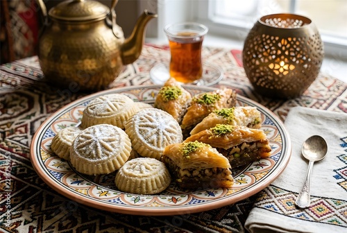 Maamoul cookies and baklava on decorative plate for Eid