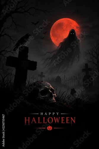 Spooky halloween background with a ghost, skull, raven, and red moon in a dark graveyard