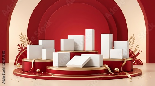 White Blank Cosmetic Product Boxes Standing on Red Podium Stage