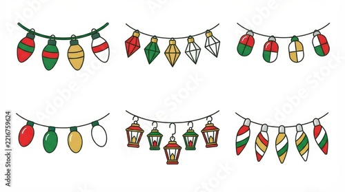 Colorful holiday string lights illustration isolated on white background