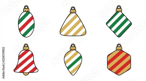 Colorful striped christmas ornament set illustration isolated on white background