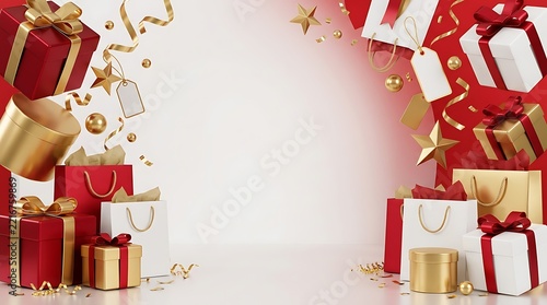 Festive Christmas Gift Boxes and Shopping Bags Floating Against a Light Red Background