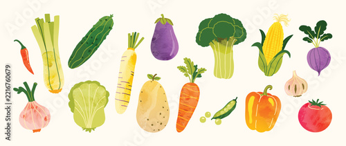 Organic Vegetable Collection Vector with Leek, Bitter Melon, Eggplant, Broccoli, Corn, Radish, Potato, Carrot, Peas, Garlic and Tomato for Healthy Food Illustration, Kitchen Print, Grocery Design