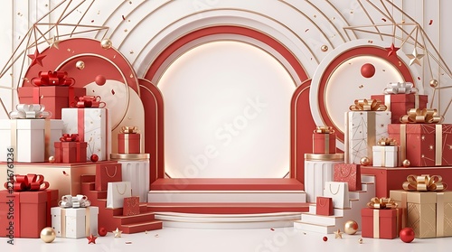 Festive Red and White Gift Box Display Featuring a Circular Podium Stage Backdrop for Holiday Product Showcase