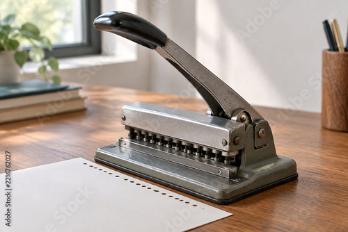 Vintage manual paper perforator on a wooden desk, revealing a neat row of circular holes.