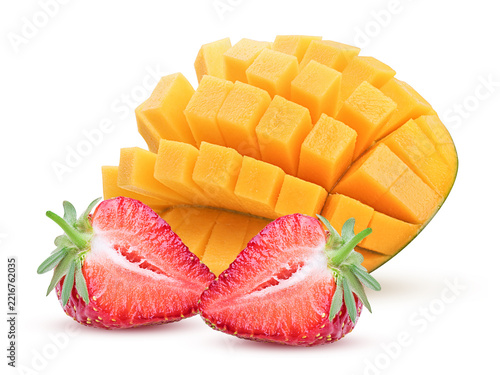 Mango and strawberry cut in half