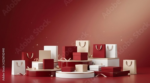 Red and White Gift Boxes and Shopping Bags Arranged on Podiums Over Red Background
