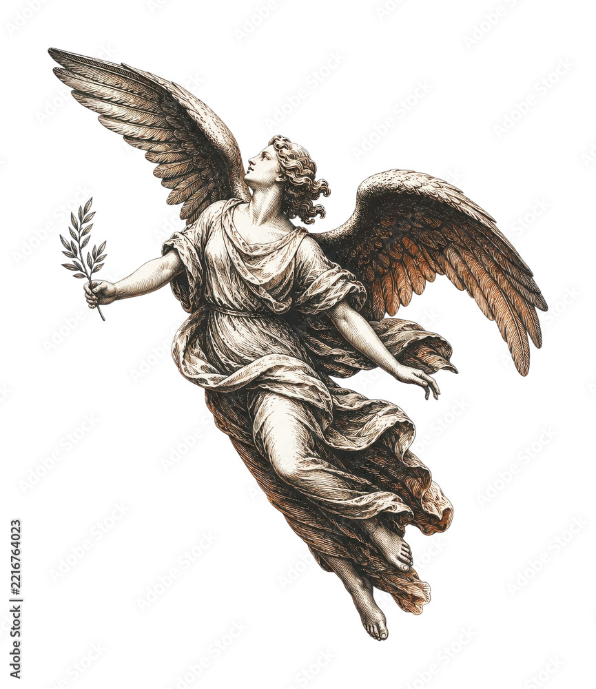 Fototapeta premium Elegant vintage angel woman with wings, PNG transparent background