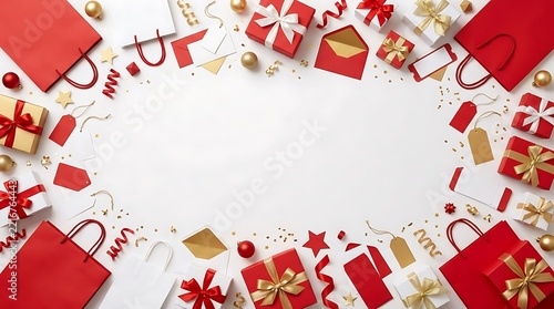Red Shopping Bags and Gift Boxes Arranged Around Copy Space on a White Surface