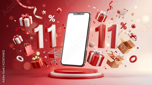 Smartphone Display Standing on Podium Surrounded by Floating Shopping Elements and Sale Numbers