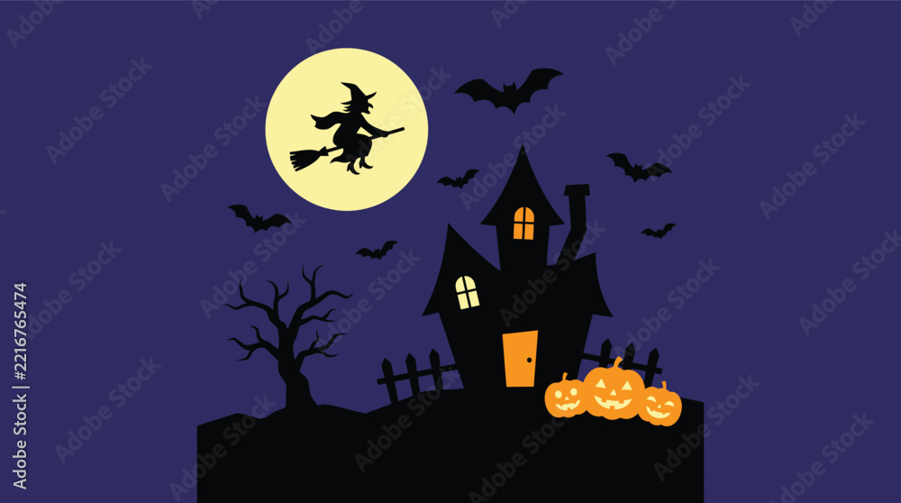 Fototapeta premium Spooky Halloween haunted house silhouette with flying witch, bats, and pumpkins