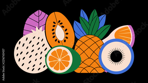 Assorted sliced tropical fruits including pineapple, kiwi, and citrus are grouped together in a vibrant vector art.