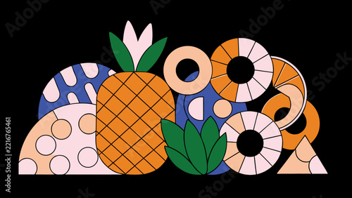 Pineapple and abstract fruit shapes form a colorful graphic composition against a dark black background.