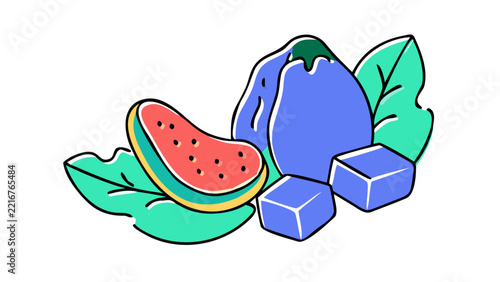 Papaya slice and blue cubes are arranged neatly with green leaves in a clean vector style illustration.
