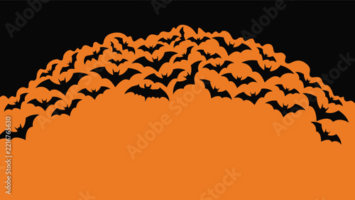 Fotografie A swarm of black silhouettes of flying bats arranged in a semicircular arch patt