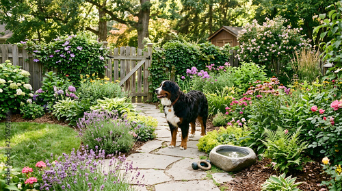 garden with bernese dog 