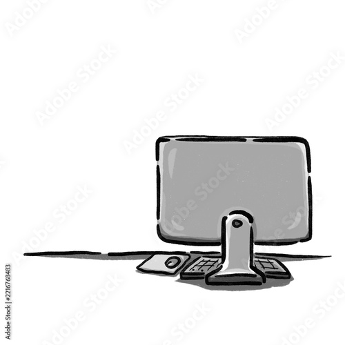 Simplistic setup of a computer workstation greyscale cartoon illustration
