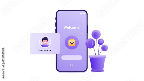 Modern mobile app interface with welcome screen and user profile illustration