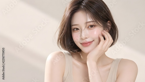 透明感のあるモデル女性の自然光ポートレート　韓国風ヘアメイク