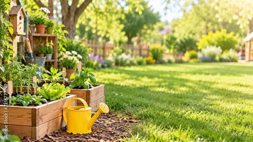 Raised Garden Beds with Young Vegetables and a Yellow Watering Can