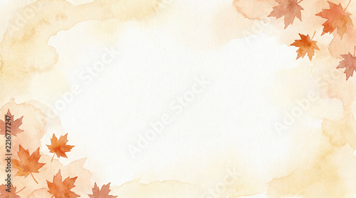 Soft watercolor background with autumn maple leaves scattered around the edges in warm beige and orange tones.