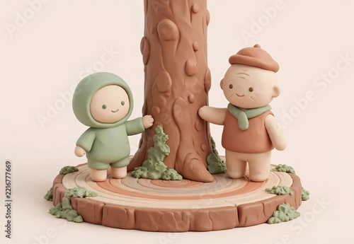 Clay child in a green hood and an elderly figure in a beret touching a large tree trunk together on a tree ring base, generations, nature, roots and family connection concept