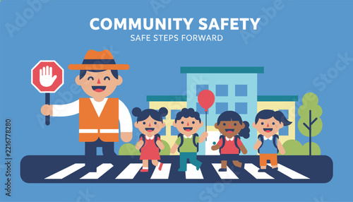 Friendly crossing guard holding a stop sign while helping a group of school kids cross the street safely.