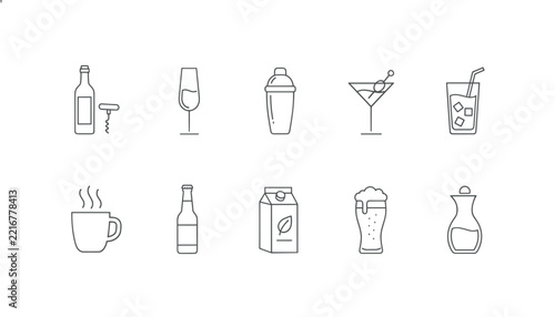 Collection of ten minimalist line icons representing various hot and cold beverages, alcoholic drinks, and cocktails.