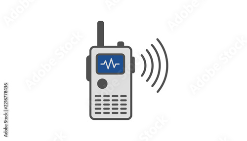 Grey walkie talkie transceiver emitting radio wave signals shown on a blue screen with a frequency wave.