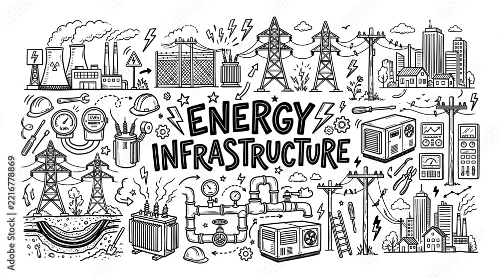 Fototapeta premium Energy Infrastructure Hand Drawn Doodle Illustration