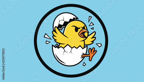 Cute cartoon illustration of an angry little yellow chick hatching from a white egg shell inside a circular frame.