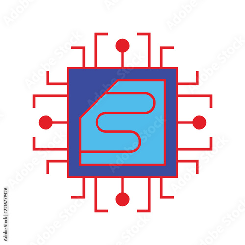 Flat illustration of a square AI microchip processor with central circuit traces and red connection nodes. Ideal for artificial intelligence technology, semiconductor hardware, processor design