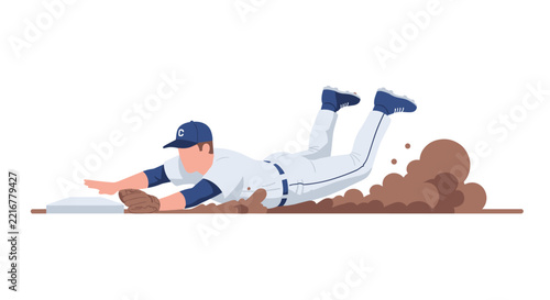 Minimalist Flat Vector Illustration of a Baseball Player Sliding Into Base, Dynamic Sport Athlete Action Scene in Soft Solid Colors, Professional Graphics Style.