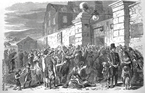 Scene of a famine in Ireland, people begging for food, around 1846, consequence of several crop failures caused by the potato blight, Historical, digitally restored reproduction from a 19th century original, Record date not stated