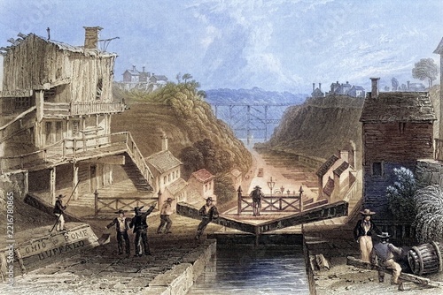 Lockport Erie Canal New York USA, After a nineteenth century print, engraved by W Tombleson after W H Bartlett, Historic, digitally restored reproduction from a nineteenth century original, Record date not stated