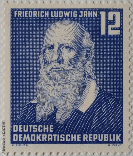 Friedrich Ludwig Jahn, a German gymnastics educator and nationalist, portrait on a historic stamp, GDR