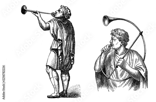 Roman tuba blower (left), Roman buccinator, digitally improved reproduction of an original from the 19th century, digitally restored reproduction of an original from the 19th century