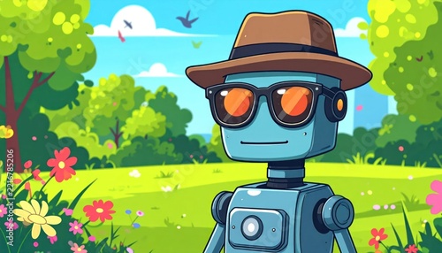 Robot wearing sunglasses and hat outdoors.