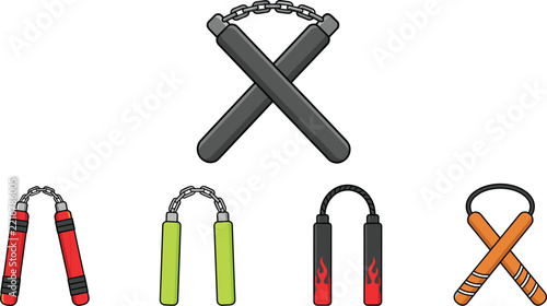 Nunchaku Martial Arts Weapon Vector Set of Colorful Karate Nunchucks