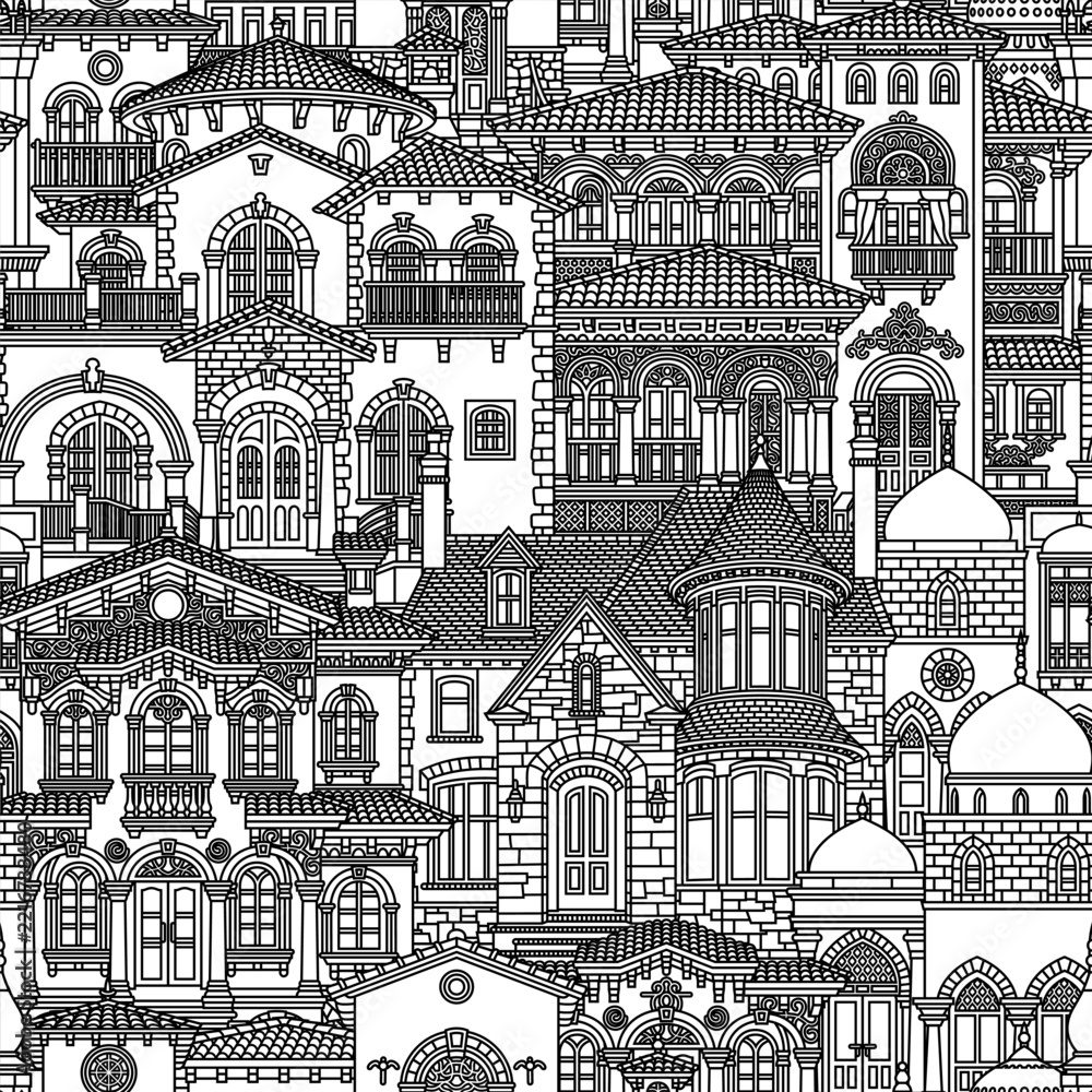 Obraz premium Black and white seamless pattern with town houses and roofs for coloring book or paper cut. European street architecture vector background texture.