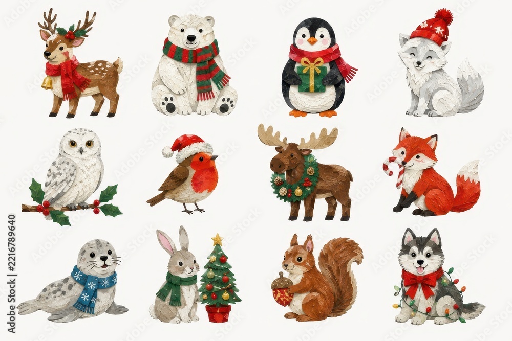 Fototapeta premium Festive watercolor woodland animals Christmas clipart collection