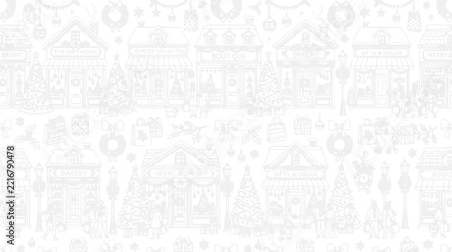 Seamless Christmas Town Market Pattern in Chalk Drawing Style