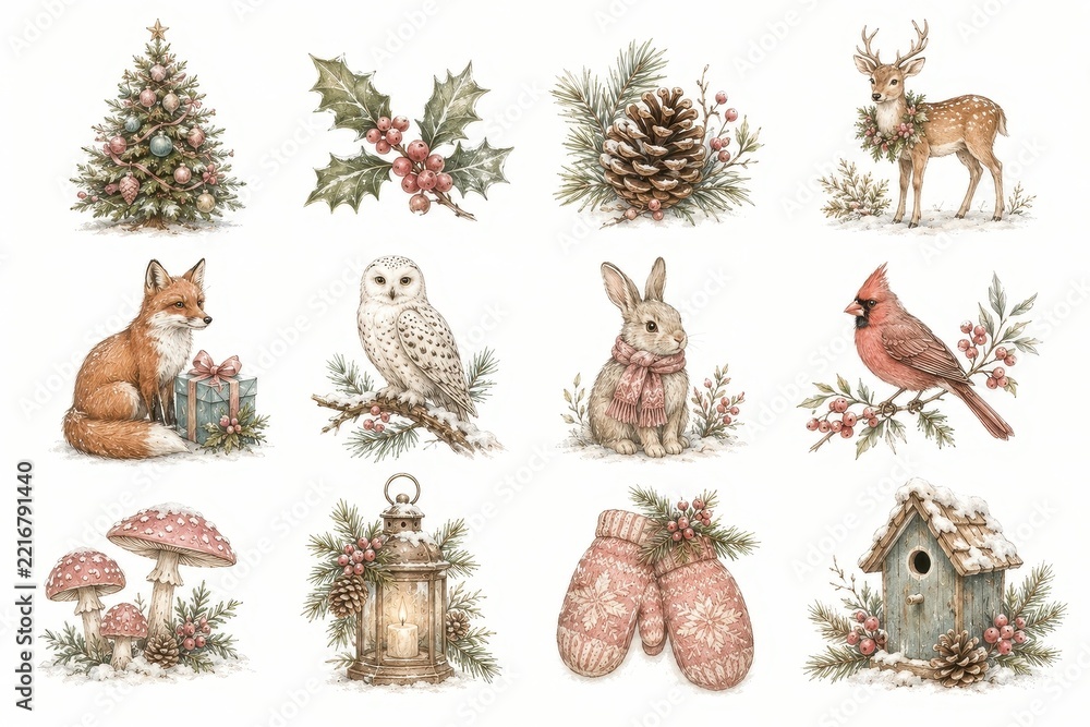 Fototapeta premium Watercolor woodland Christmas wildlife collection