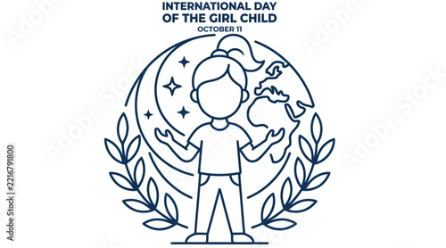 Line art illustration depicts a girl within a circular wreath for international day of the girl child