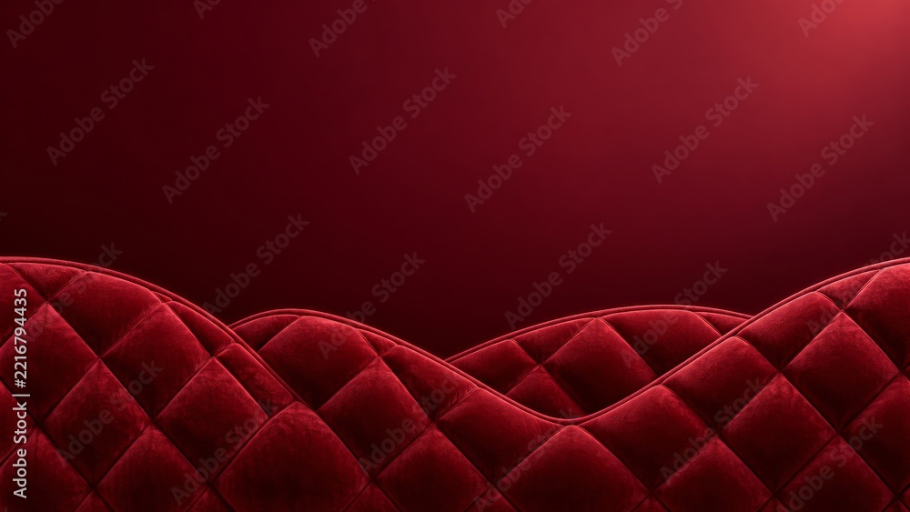 Fototapeta premium Burgundy quilted velvet waves beneath a smooth and spacious dark red backdrop