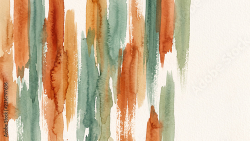 Modern abstract watercolor background with vertical sienna and sage green brush strokes and negative space