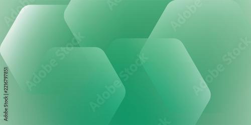 Abstract green geometric background with overlapping rounded hexagon shapes and gradient light effect